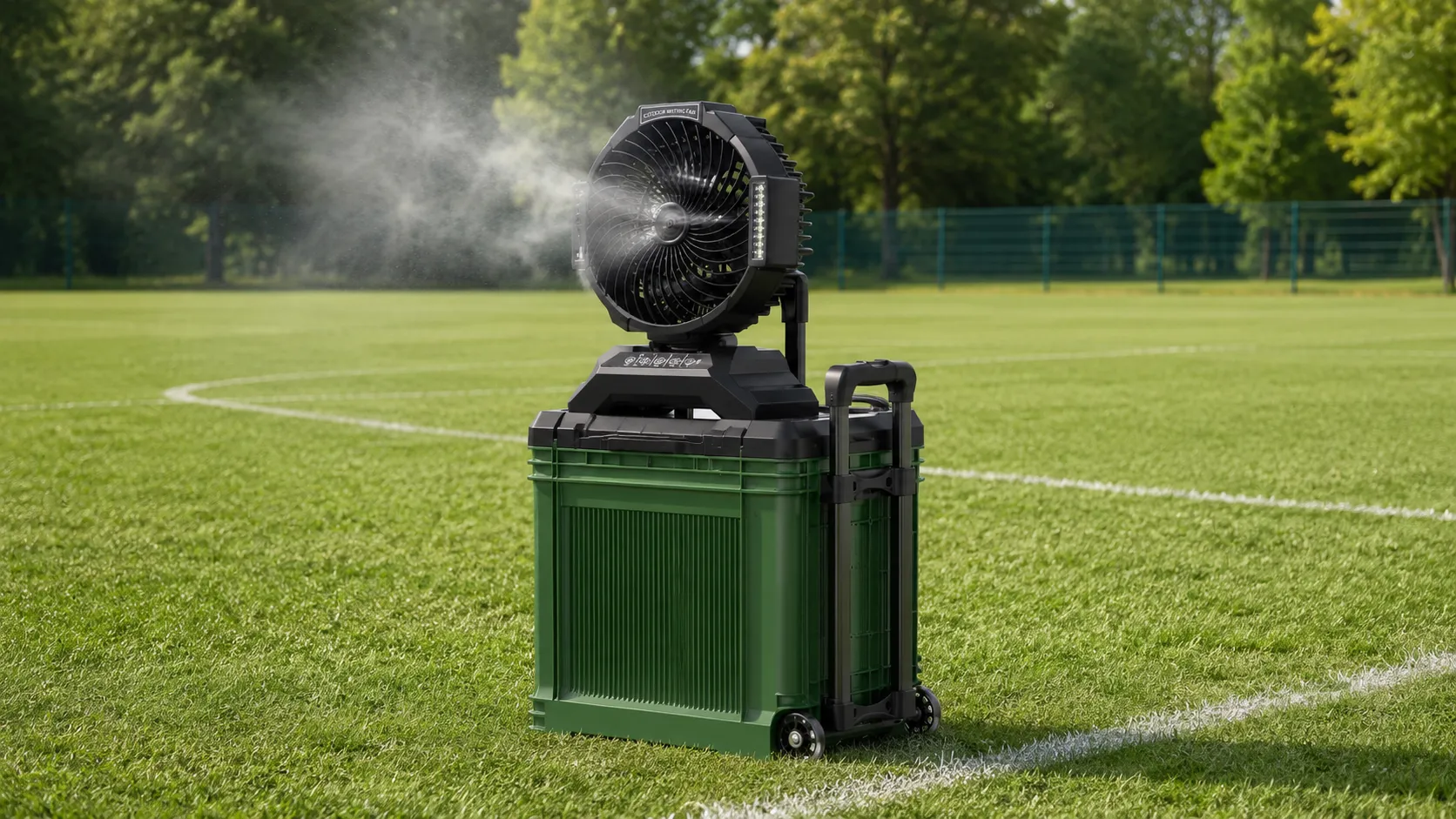 Portable battery-powered fan mister for hot tournament days — Sideline Society rental
