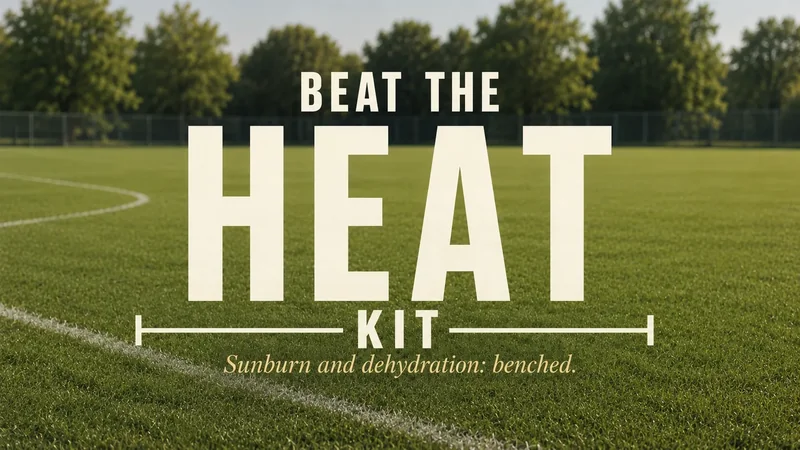 Beat the Heat Kit — spray sunscreen, cooling towel, Liquid IV packets, and bottled water for hot tournament days