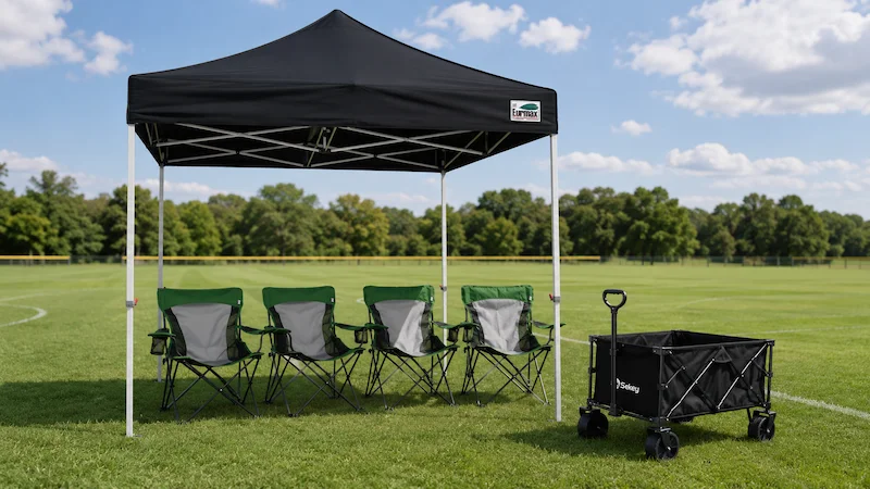 The Family Suite — 1 canopy tent, 4 chairs, and 1 wagon set up on a tournament field