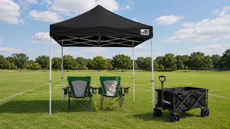 The Sidekick — 1 canopy tent, 2 chairs, and 1 wagon set up on a tournament field