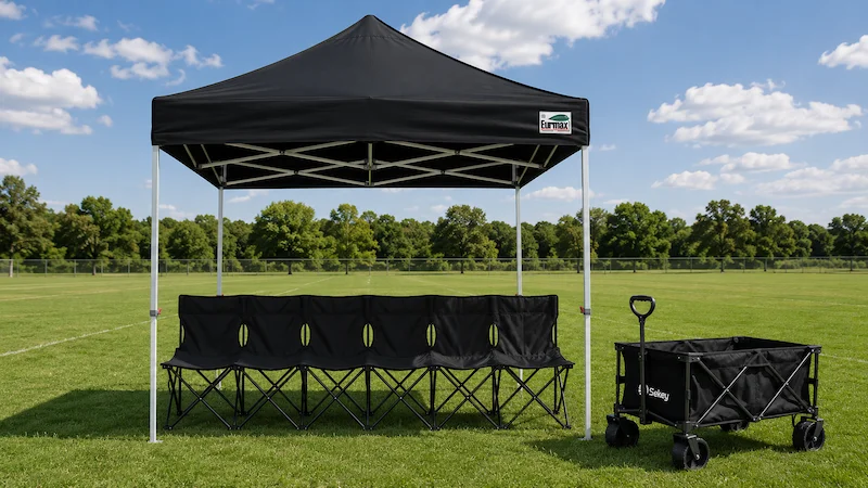 The Sideline Team Setup — 1 canopy tent, 1 team bench, and 1 wagon set up on a tournament field