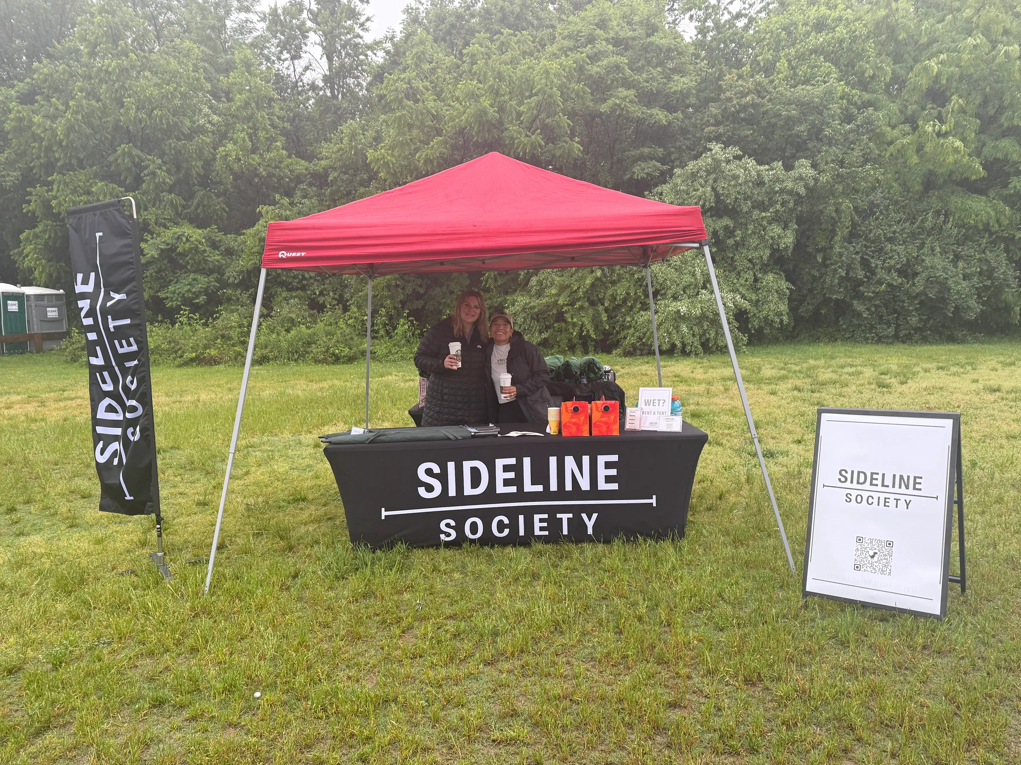 Sideline Society branded canopy tent setup at The Virginian 2026 youth soccer tournament in Lorton, Virginia